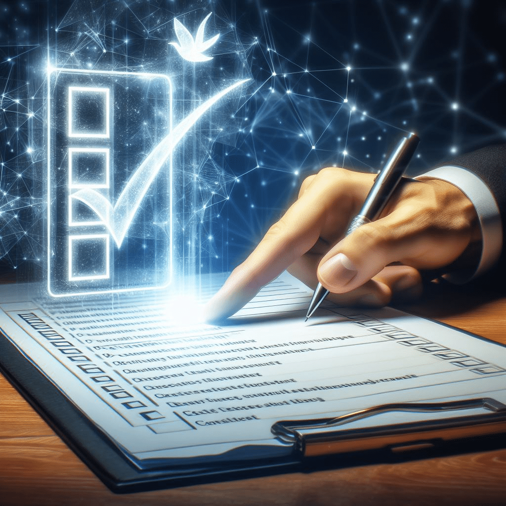 A hand pointing to a checklist on paper, with an illuminated checklist hovering over the paper.